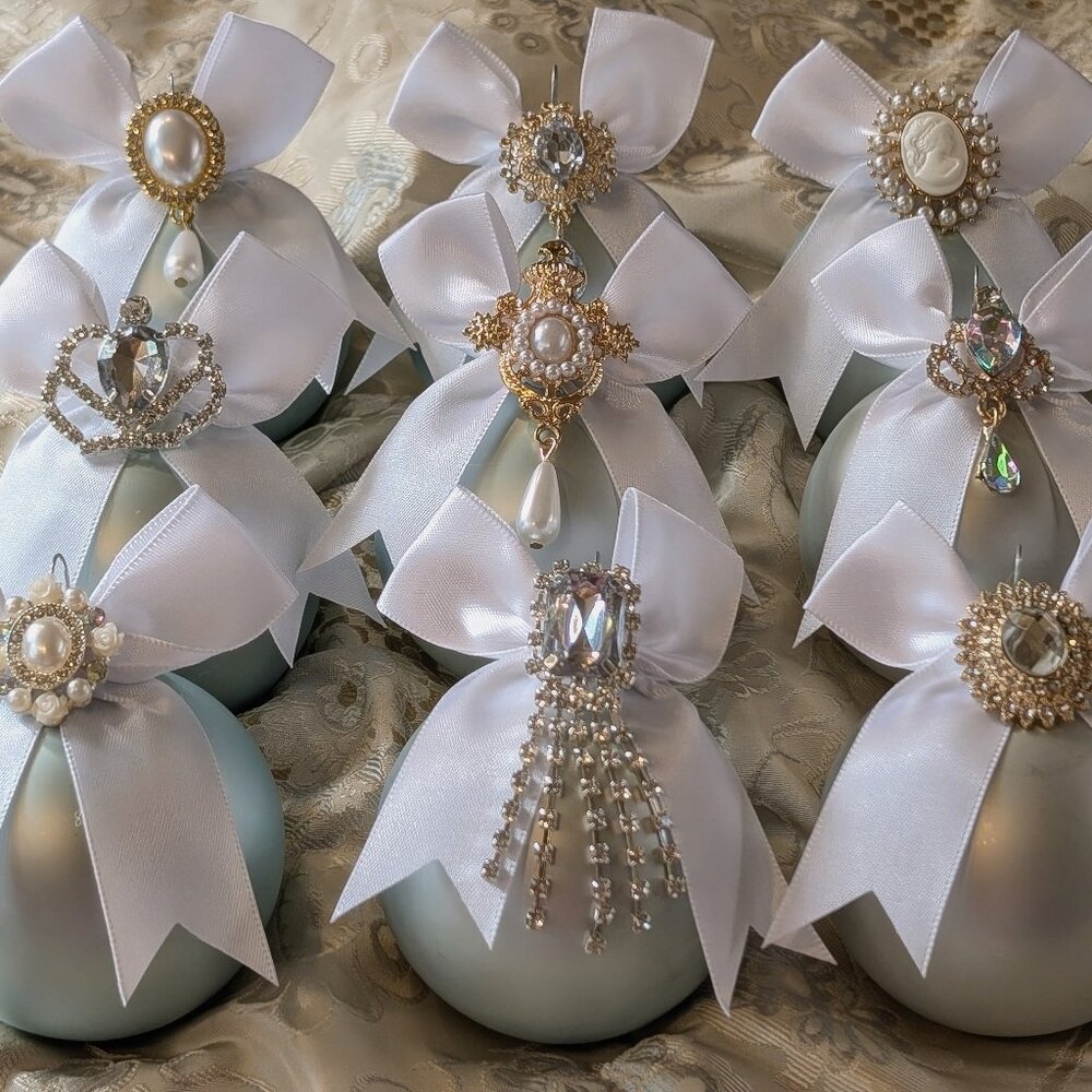 French Blue Victorian Shabby Glass Jeweled Brooch Christmas Ornaments Set of 9